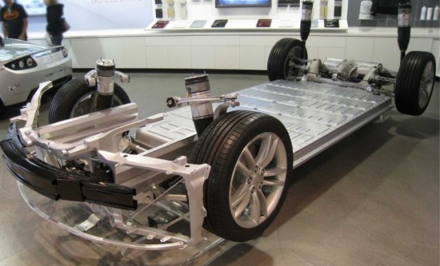 Tesla Model S, showing its battery pack