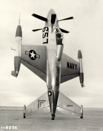 The Lockheed XFV, an experimental tail-sitter VTOL aircraft produced in 1954