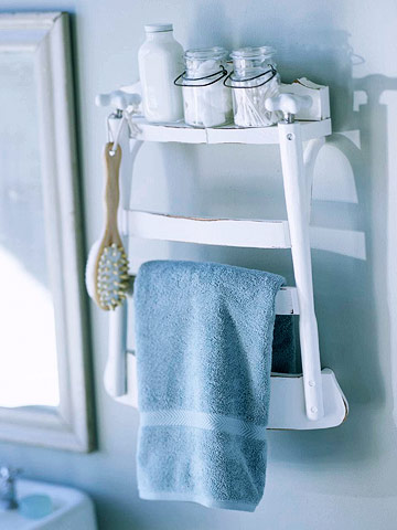 use an old chair as bathroom towel rack and shelf