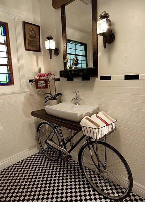 old bike used as base for bathroom counter
