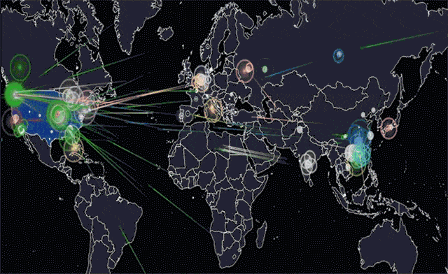 Norse real-time hacking map, showing a coordinated attack from China towards the US