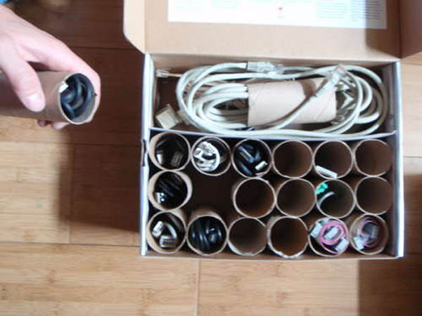 toilet paper rolls used to store cables and wires